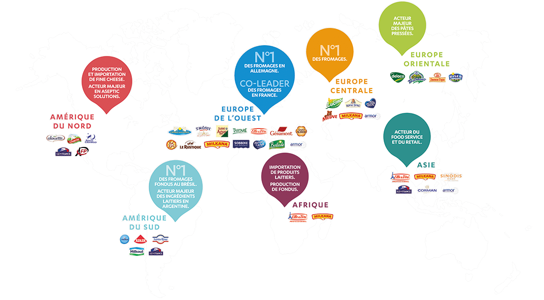 Carte du Monde avec les marques des produits laitiers par continent