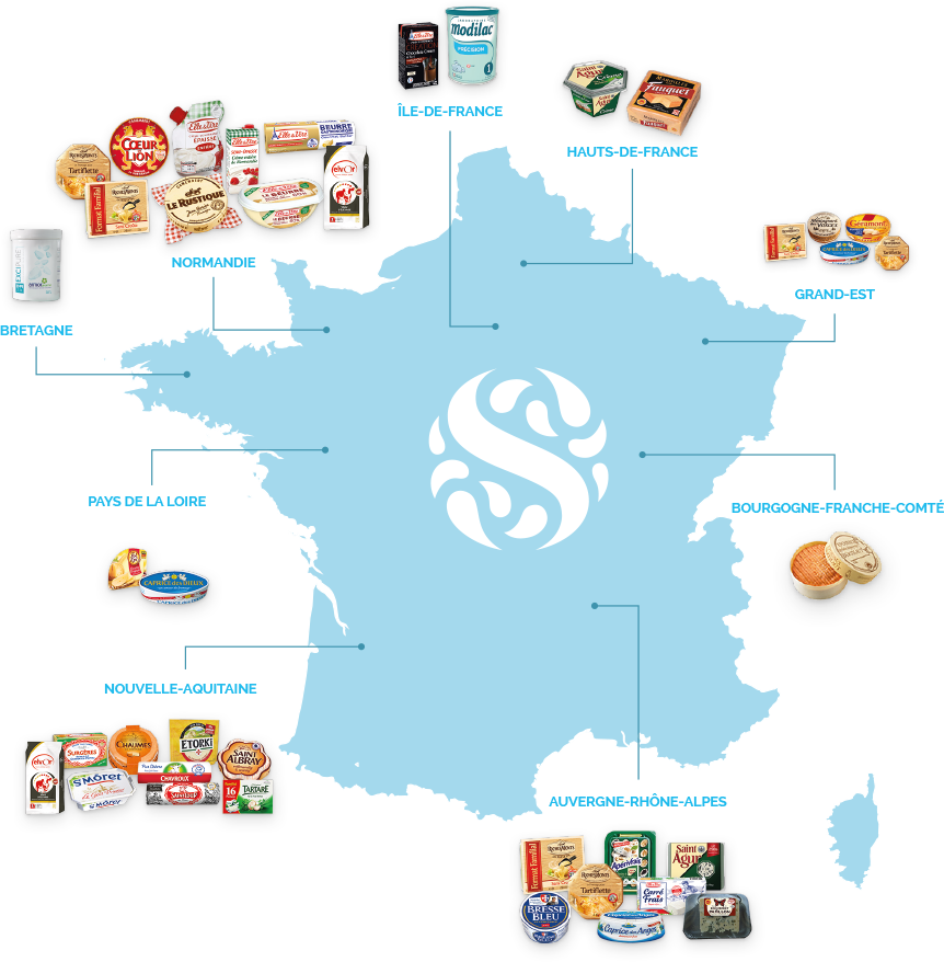 Carte de France avec les produits laitiers par régions